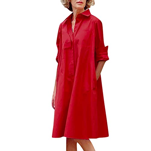 Cihdmfb Hemdkleid Damen V-Ausschnitt Revers Langarm Blusenkleider Casual Lose Sommer Einfarbig Knielang Kleid Midikleid mit Knöpfe Freizeitkleider Mode Dress(A Rot,XXL) von Cihdmfb
