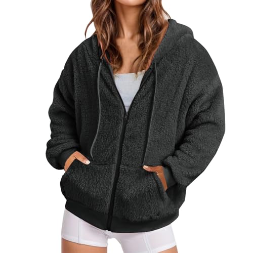 Cihdmfb Hoodie Jacke Damen Winter Bequem Warm Teddy-Fleece Plüschjacke Langarm Wintermantel Warm Cardigan Kapuzenpullover Sweatshirt mit Kapuze Strickjacke Kapuzenjacke mit Taschen(C Schwarz,5XL) von Cihdmfb