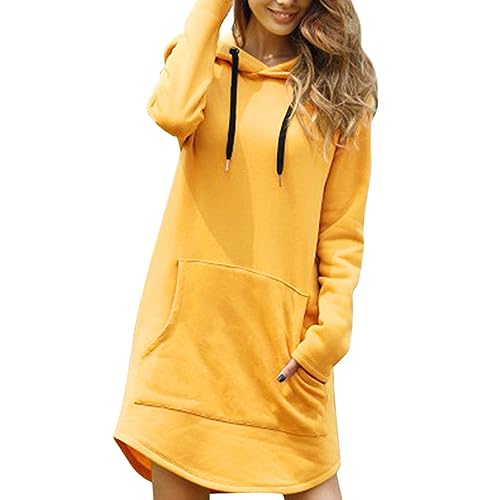 Cihdmfb Hoodie Kleid Damen Winter Einfarbig Langarm Sweatshirts Kapuzenpullover Streetwear Jumper Pullover Mini Kleider Casual Lose Mantel Outwear Pulloverkleid mit Taschen(D Gelb,5XL) von Cihdmfb