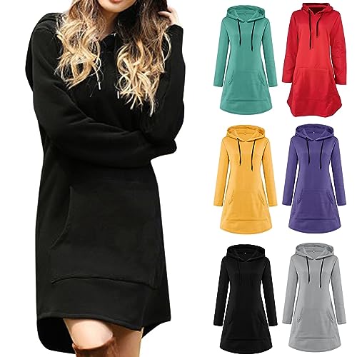 Cihdmfb Hoodie Kleid Damen Winter Einfarbig Langarm Sweatshirts Kapuzenpullover Streetwear Jumper Pullover Mini Kleider Casual Lose Mantel Outwear Pulloverkleid mit Taschen(D Schwarz,4XL) von Cihdmfb
