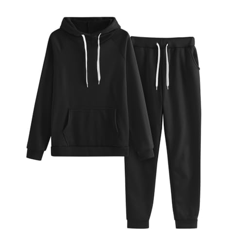 Cihdmfb Jogginganzug Set Damen 2 Teile Winter Einfarbig Langarm Trainingsanzug Große Größe Casual Lose Jogginganzug Kapuzenpullover Jogginghose Hausanzug mit Kapuze für Yoga Gym(A Schwarz,L) von Cihdmfb