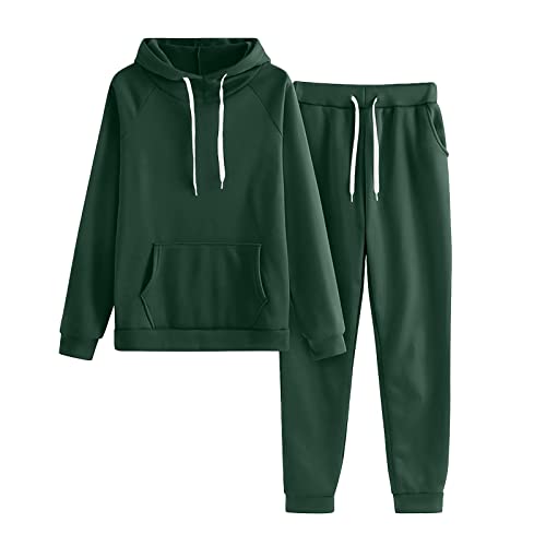 Cihdmfb Jogginganzug Set Damen 2 Teile Winter Einfarbig Langarm Trainingsanzug Große Größe Casual Lose Jogginganzug Kapuzenpullover Jogginghose Hausanzug mit Kapuze für Yoga Gym(E Grün,3XL) von Cihdmfb