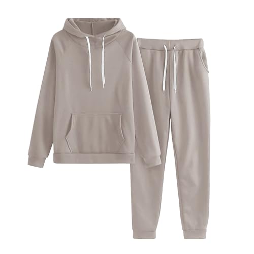 Cihdmfb Jogginganzug Set Damen 2 Teile Winter Einfarbig Langarm Trainingsanzug Große Größe Casual Lose Jogginganzug Kapuzenpullover Jogginghose Hausanzug mit Kapuze für Yoga Gym(F Grau,XL) von Cihdmfb