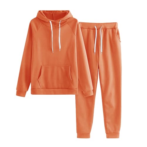 Cihdmfb Jogginganzug Set Damen 2 Teile Winter Einfarbig Langarm Trainingsanzug Große Größe Casual Lose Jogginganzug Kapuzenpullover Jogginghose Hausanzug mit Kapuze für Yoga Gym(F Orange,XL) von Cihdmfb
