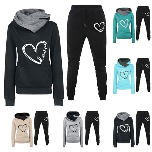 Cihdmfb Jogginganzug Set Damen Winter Heartbeat Print Hoodie Jogginghose Sweatshirt Hose Gefütterte 2 Teiler Jogginganzüge Damen Kuschelig Freizeit Kapuzenpullover Sporthose Set(A Schwarz,3XL) von Cihdmfb