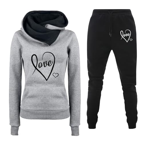 Cihdmfb Jogginganzug Set Damen Winter Heartbeat Print Hoodie Jogginghose Sweatshirt Hose Gefütterte 2 Teiler Jogginganzüge Damen Kuschelig Freizeit Kapuzenpullover Sporthose Set(B Grau,3XL) von Cihdmfb