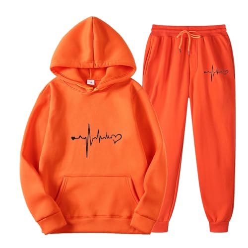 Cihdmfb Jogginganzug Trainingsanzug Damen Herz Druck Sportanzug Hoodie Sporthose 2 Piece Anzug Tracksuit Kapuzenpullover Jogginghose Sweatshirt mit Taschen Casual Hoodie Hose(B Orange,M) von Cihdmfb