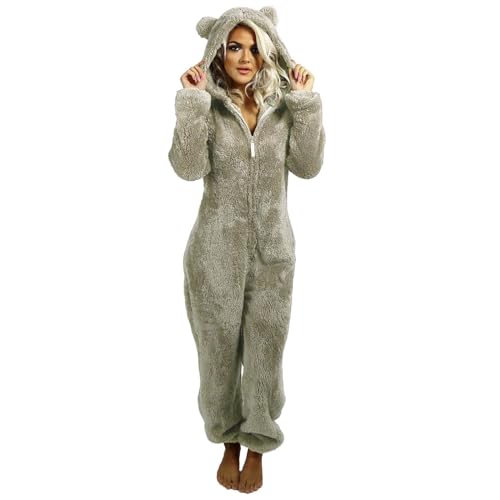 Cihdmfb Jumpsuit Damen Winter Warmer Overall Teddy Fleece Einteiler Solide Schlafanzug Kuschelig Lang Pyjama Flauschig Weich Hausanzug mit Kapuze 1/4 Zip Schlafoverall Lässig Homewear(A Grau,S) von Cihdmfb