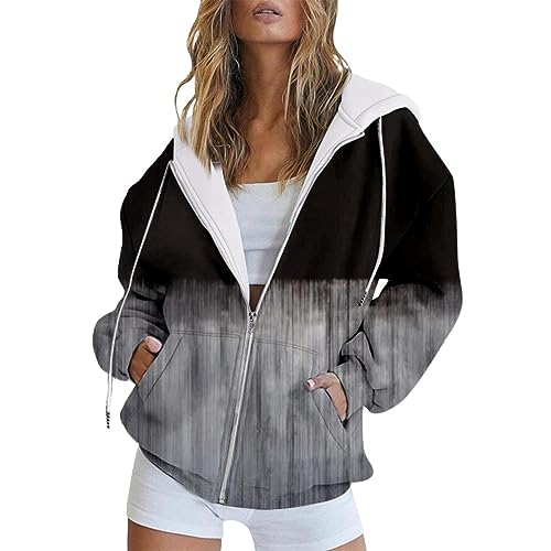Cihdmfb Kapuzenjacke Damen Oversize Vintage Sweatjacke Pullover Winter Farbverlauf Print Sweatshirt College Jacke Übergangsjacke Zipper Hoodie Hoody Mit Kapuze Frauen Kaputzenpullis(C Schwarz,XL) von Cihdmfb