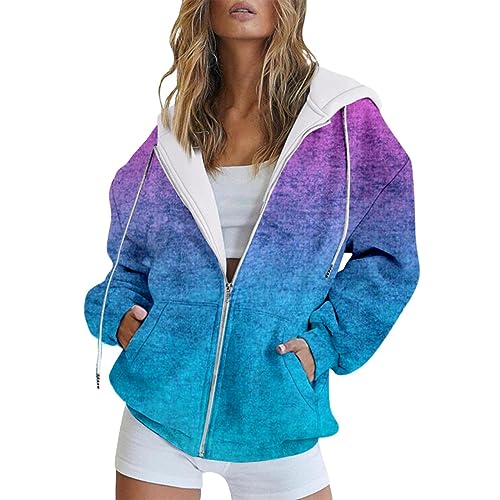 Cihdmfb Kapuzenjacke Damen Oversize Vintage Sweatjacke Pullover Winter Farbverlauf Print Sweatshirt College Jacke Übergangsjacke Zipper Hoodie Hoody Mit Kapuze Frauen Kaputzenpullis(D Violett,3XL) von Cihdmfb