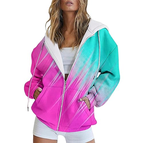 Cihdmfb Kapuzenjacke Damen Oversize Vintage Sweatjacke Pullover Winter Farbverlauf Print Sweatshirt College Jacke Übergangsjacke Zipper Hoodie Hoody Mit Kapuze Frauen Kaputzenpullis(E Rot,L) von Cihdmfb