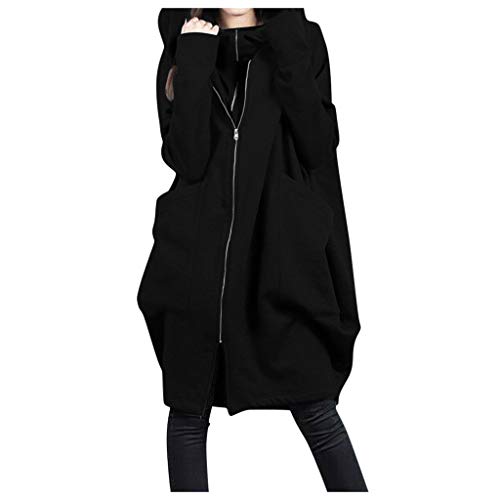 Cihdmfb Kapuzenjacke Damen Oversized Lang Hoodie Winter Vintage Einfarbig Sweatjacke Casual Lose Fleecejacke mit Kapuze Sport Sweatshirt Langarm Hoodies Mantel Kapuzenpullover(A Schwarz,XL) von Cihdmfb