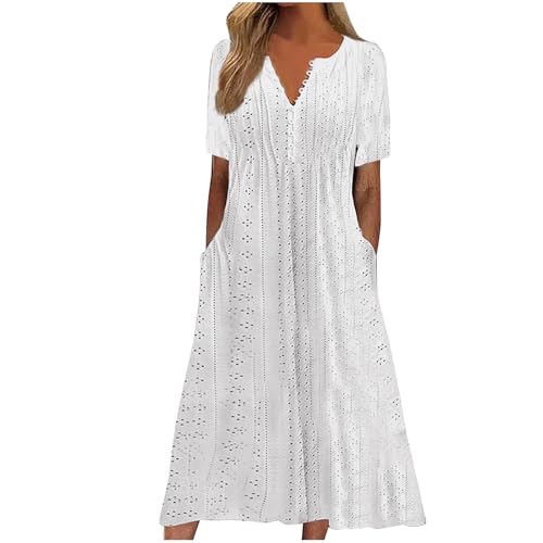 Cihdmfb Kleider Damen Elegant Einfarbig Kurzen Ärmeln Strandkleider Große Größen V-Ausschnitt Knopfleiste Sommerkleid Teenager Mädchen Locker Maxikleid Leicht Luftig Freizeitkleid(C Weiß,XXL) von Cihdmfb