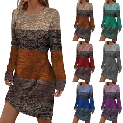 Cihdmfb Kleider Damen Frühling Langarm Pulloverkleid Frauen Rundhalsausschnitt A-Linie Strickkleid Freizeitkleid Vintage Retro Farbblock Patchwork Knielang Winterkleid(A Braun,XXL) von Cihdmfb