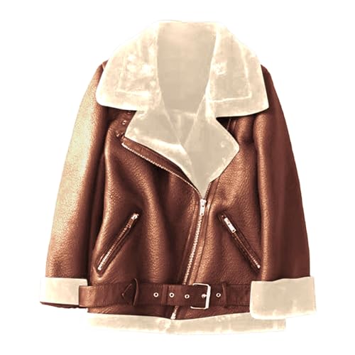 Cihdmfb Kunstlederjacke Damen Winter Oversize Solide Kurz Moto Biker Lederjacke Reißverschluss Bikerjacke Reverskragen Motoradjacke Leder Jacke Langarm Dicke Warm Übergangsjacke Mantel(B Braun,M) von Cihdmfb
