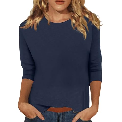 Cihdmfb Langarmshirt Damen Elegant Einfarbige 3/4 Arm Shirts Frühling Sommer Rundhals Oberteile Tops Teenager Mädchen Sommershirts Loose Fit Mode Damenblusen Leicht Und Luftig T Shirts(A a-1,L) von Cihdmfb