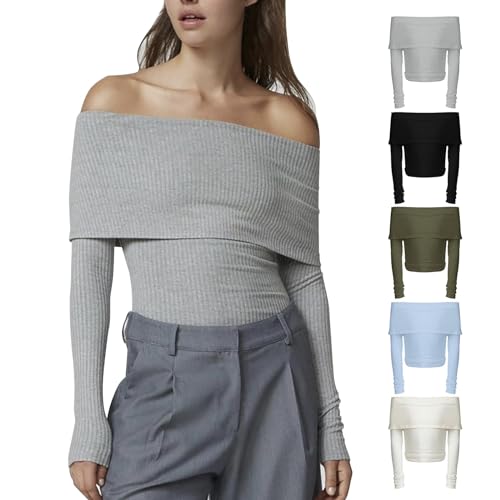 Cihdmfb Langarmshirt Damen Elegant Schulterfrei Slim Fit Oberteile Langarm Shirts Rundhals Langarm Cropped Basic Einfarbig Crop Tops Casual Top Teenager Mädchen Streetwear(A Schwarz,M) von Cihdmfb