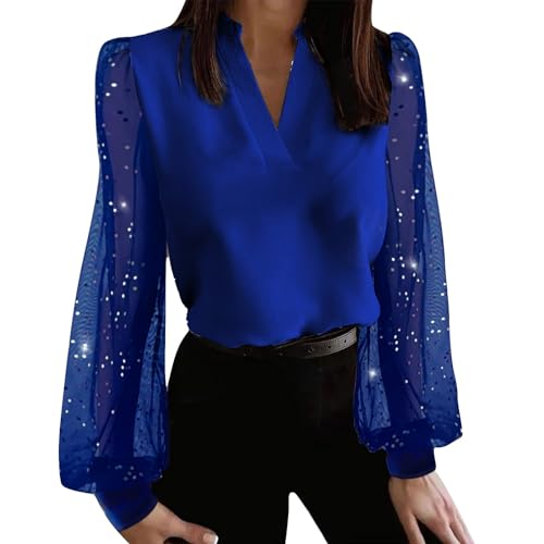 Cihdmfb Langarmshirt Damen V Ausschnitt T Shirt Elegante Solide Pailletten Glitzer Patchwork Festliche Oberteile Lässige Hemdbluse Tops Longshirt Streetwear Langarm Bluse Oberteil Tops(B Blau,XL) von Cihdmfb