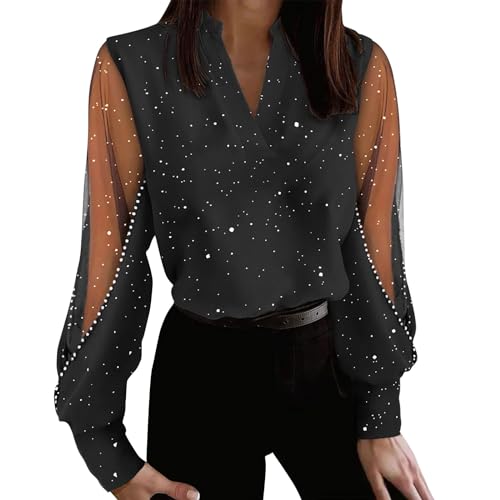 Cihdmfb Langarmshirt Damen V Ausschnitt T Shirt Elegante Solide Pailletten Glitzer Patchwork Festliche Oberteile Lässige Hemdbluse Tops Longshirt Streetwear Langarm Bluse Oberteil Tops(C Schwarz,M) von Cihdmfb