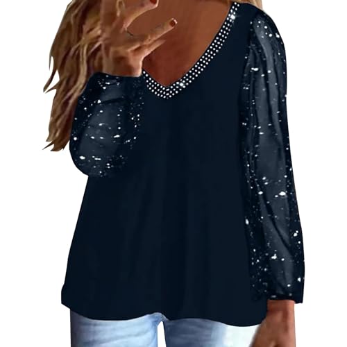 Cihdmfb Langarmshirt Damen V Ausschnitt T Shirt Elegante Solide Pailletten Glitzer Patchwork Festliche Oberteile Lässige Hemdbluse Tops Longshirt Streetwear Langarm Bluse Oberteil Tops(E Blau,5XL) von Cihdmfb