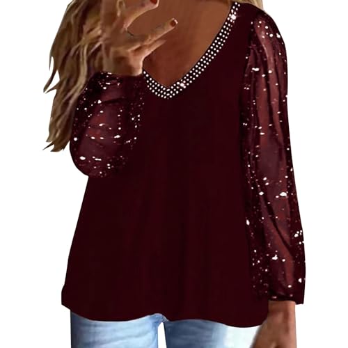 Cihdmfb Langarmshirt Damen V Ausschnitt T Shirt Elegante Solide Pailletten Glitzer Patchwork Festliche Oberteile Lässige Hemdbluse Tops Longshirt Streetwear Langarm Bluse Oberteil Tops(E Rot,XXL) von Cihdmfb