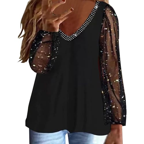Cihdmfb Langarmshirt Damen V Ausschnitt T Shirt Elegante Solide Pailletten Glitzer Patchwork Festliche Oberteile Lässige Hemdbluse Tops Longshirt Streetwear Langarm Bluse Oberteil Tops(E Schwarz,XL) von Cihdmfb