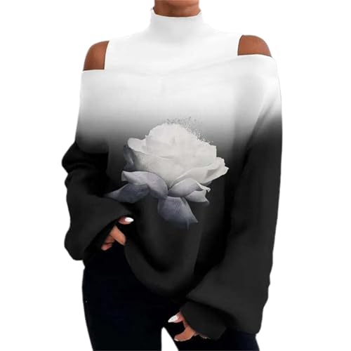 Cihdmfb Langarmshirt Damen Vintage Blumen Druck High Neck Sweatshirt Dünne Warm Rollkragenpullover Schulterfreies Oberteil Langarm mit Laternenärmeln Tunika Oberteile Tops (B Weiß,L) von Cihdmfb