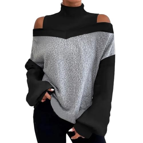 Cihdmfb Langarmshirt Damen Vintage Blumen Druck High Neck Sweatshirt Dünne Warm Rollkragenpullover Schulterfreies Oberteil Langarm mit Laternenärmeln Tunika Oberteile Tops (C Grau,M) von Cihdmfb