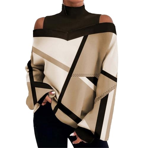 Cihdmfb Langarmshirt Damen Vintage Blumen Druck High Neck Sweatshirt Dünne Warm Rollkragenpullover Schulterfreies Oberteil Langarm mit Laternenärmeln Tunika Oberteile Tops (D Braun,XXL) von Cihdmfb