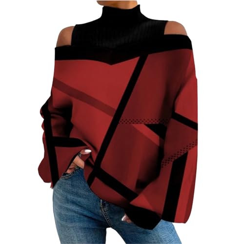 Cihdmfb Langarmshirt Damen Vintage Blumen Druck High Neck Sweatshirt Dünne Warm Rollkragenpullover Schulterfreies Oberteil Langarm mit Laternenärmeln Tunika Oberteile Tops (D Rot,XXL) von Cihdmfb