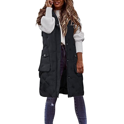 Cihdmfb Lange Jacke Weste Damen Ärmellose Kapuzenweste Steppweste Große Größe Winterjacke üBergangsweste Damen Lang Reißverschluss Longweste Weste Mantel Outdoor Winterjacke Mit Tasche(A Schwarz,4XL) von Cihdmfb