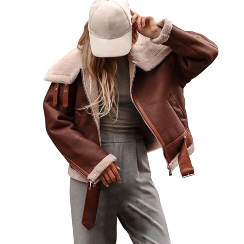 Cihdmfb Leder Jacke Damen Gefüttert Winter Warm Lederjacke Vintage Einfarbig Innenfutter Winterjacke Frauen Fellkragen Lederjacke Innen Mit Fell Fleece Motorrad Jacke mit Reißverschluss(C Braun,L) von Cihdmfb