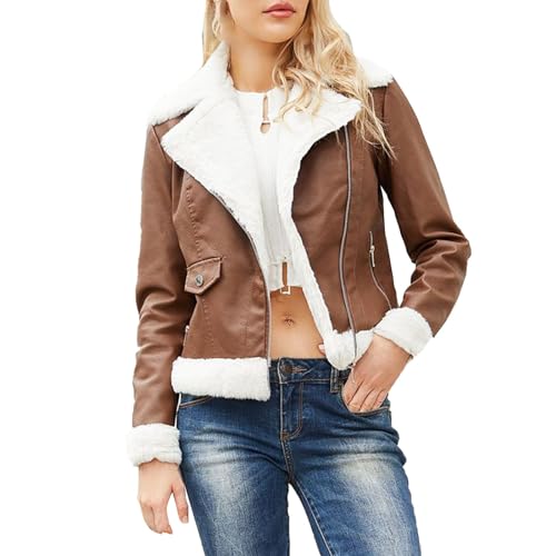 Cihdmfb Leder Jacke Damen Gefüttert Winter Warm Lederjacke Vintage Einfarbig Innenfutter Winterjacke Frauen Fellkragen Lederjacke Innen Mit Fell Fleece Motorrad Jacke mit Reißverschluss(D Kaffee,3XL) von Cihdmfb