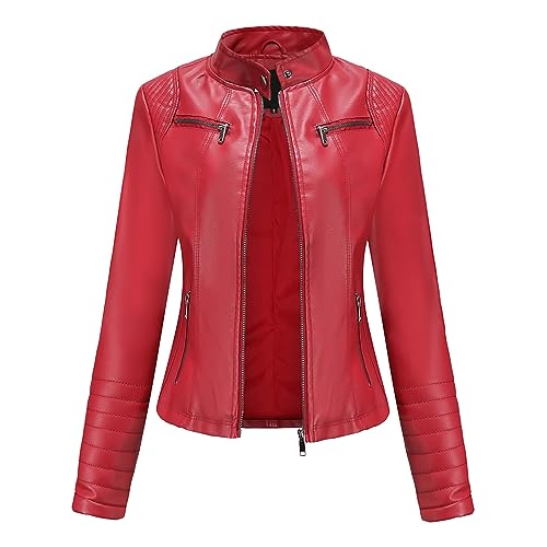 Cihdmfb Lederjacke Damen Vintage Oversize Einfarbig Kurz Bikerjacke Reverskragen Motoradjacke Leder Jacke Übergangsjacke Langarm Moto Biker Lederjacke Reißverschluss Mantel (C Rot,3XL) von Cihdmfb