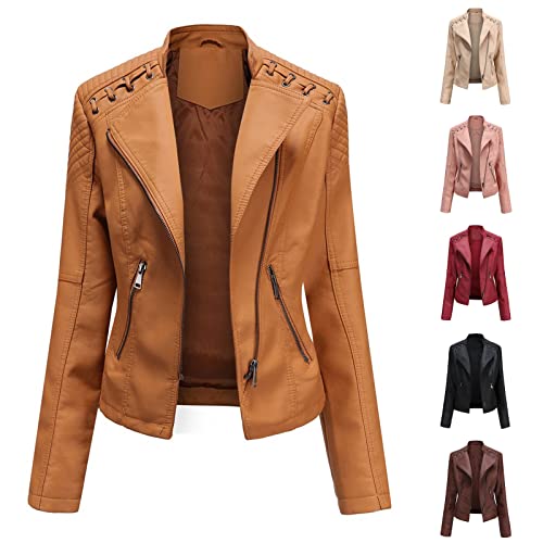 Cihdmfb Lederjacke Damen Vintage Oversize Einfarbig Kurz Bikerjacke Reverskragen Motoradjacke Leder Jacke Übergangsjacke Langarm Moto Biker Lederjacke Reißverschluss Mantel für Herbst(A Schwarz,S) von Cihdmfb