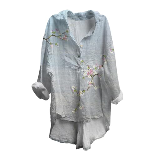 Cihdmfb Leinenbluse Damen Große Größen Musselin Bluse Vintage Blumen Drucken Langarm Hemdbluse Sommer V-Ausschnitt Revers Longbluse Knopfleiste Blusenkleid Locker Luftig Freizeitbluse(F Hellblau,XL) von Cihdmfb