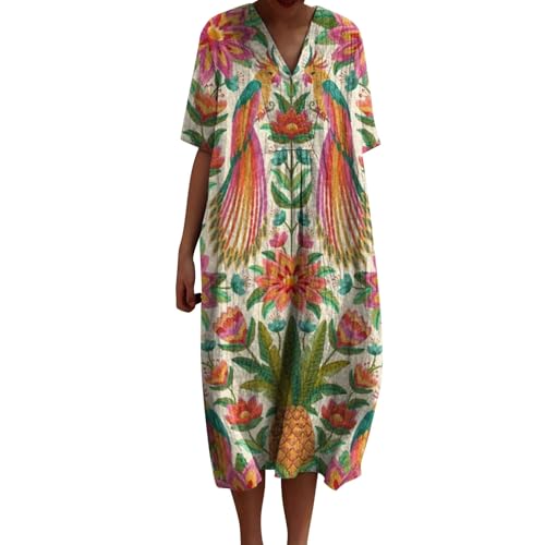 Cihdmfb Leinenkleider Damen Casual V-Ausschnitt Kurzarm Strandkleider Sommer Blumen Print T-Shirt Kleider Blusenkleid Bequeme Lockere Sommerkleid Casual Lange Maxikleid mit Taschen(B Orange,L) von Cihdmfb