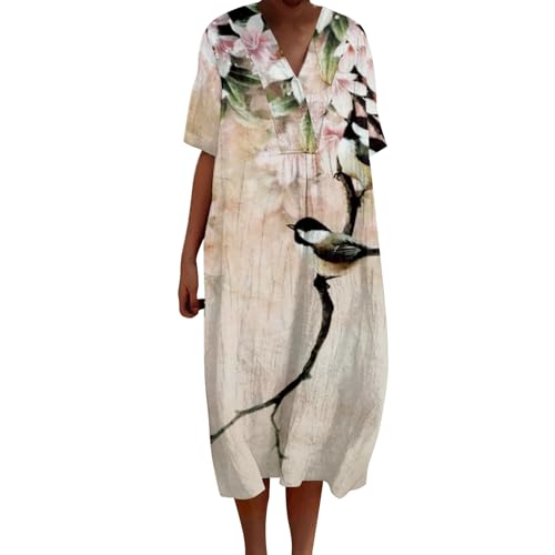 Cihdmfb Leinenkleider Damen Casual V-Ausschnitt Kurzarm Strandkleider Sommer Blumen Print T-Shirt Kleider Blusenkleid Bequeme Lockere Sommerkleid Casual Lange Maxikleid mit Taschen(G Beige,4XL) von Cihdmfb