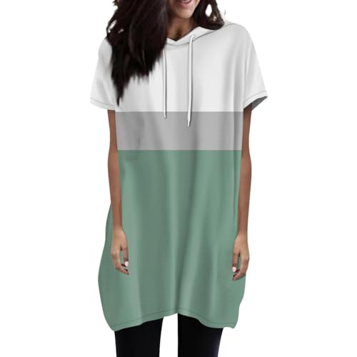 Cihdmfb Longshirt mit Kapuze Damen Große Größen Tshirt Sommer Farbverlauf Drucken Lange Longtops T-Shirt Rundhals Kurzarm Longbluse Lässig Locker Pullover Bluse T-Shirts Tunika Tops(A Grün,3XL) von Cihdmfb