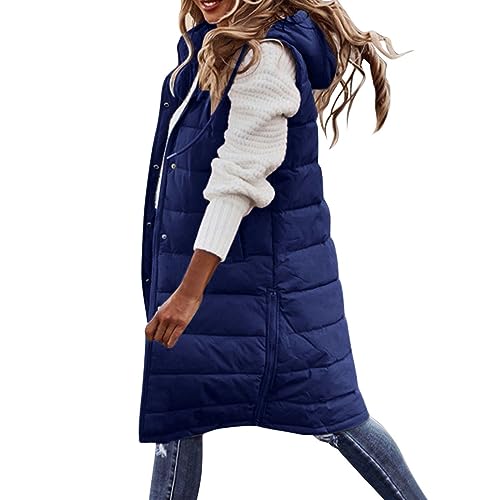 Cihdmfb Longweste Damen Große Größen Winter Warm Longweste Rundhals Ärmellose Lange Steppweste Leicht Winterjacke Winterweste Kapuzenweste Weste üBergangsweste Jacke Mäntel Mit Tasche(C Blau,XXL) von Cihdmfb