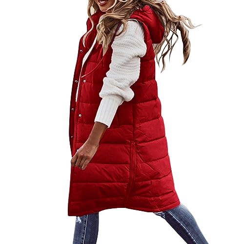 Cihdmfb Longweste Damen Große Größen Winter Warm Longweste Rundhals Ärmellose Lange Steppweste Leicht Winterjacke Winterweste Kapuzenweste Weste üBergangsweste Jacke Mäntel Mit Tasche(C Rot,3XL) von Cihdmfb