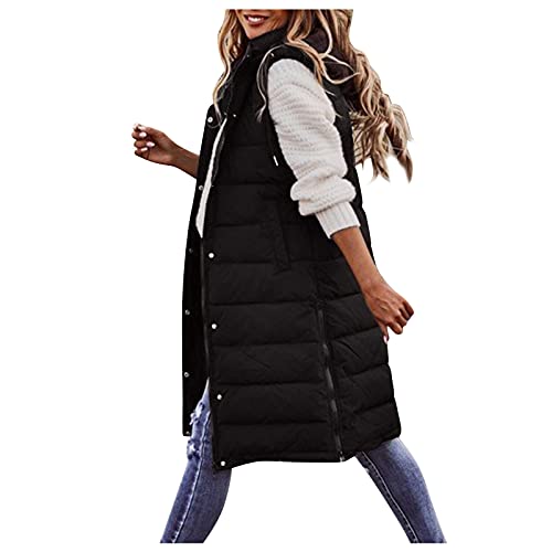 Cihdmfb Longweste Damen Große Größen Winter Warm Longweste Rundhals Ärmellose Lange Steppweste Leicht Winterjacke Winterweste Kapuzenweste Weste üBergangsweste Jacke Mäntel Mit Tasche(F Schwarz,XL) von Cihdmfb