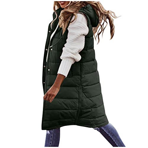 Cihdmfb Longweste Damen Große Größen Winter Warm Longweste Rundhals Ärmellose Lange Steppweste Leicht Winterjacke Winterweste Kapuzenweste Weste üBergangsweste Jacke Mäntel Mit Tasche(G Grün,5XL) von Cihdmfb