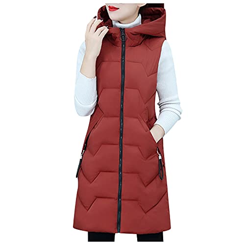 Cihdmfb Longweste Damen Oversize Elegant Winter Einfarbig Steppweste Rundhals Ärmellose Lang Daunen Winterjacke Kapuzenweste Weste üBergangsjacke üBergangsweste Winterweste Mit Tasche(A Af,XXL) von Cihdmfb