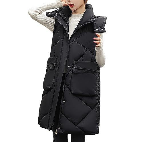 Cihdmfb Longweste Damen Oversize Elegant Winter Einfarbig Steppweste Rundhals Ärmellose Lang Daunen Winterjacke Kapuzenweste Weste üBergangsjacke üBergangsweste Winterweste Mit Tasche(B Schwarz,5XL) von Cihdmfb