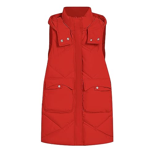 Cihdmfb Longweste Damen Oversize Elegant Winter Einfarbig Steppweste Rundhals Ärmellose Lang Daunen Winterjacke Kapuzenweste Weste üBergangsjacke üBergangsweste Winterweste Mit Tasche(F Rot,L) von Cihdmfb