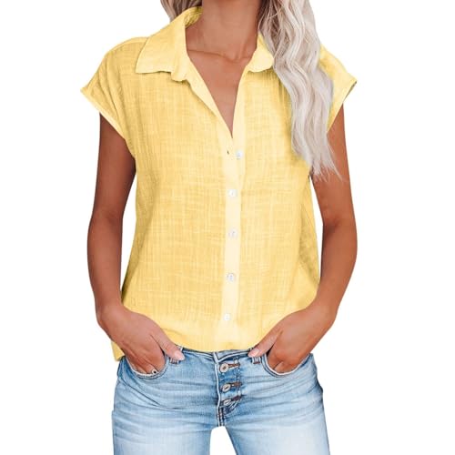 Cihdmfb Musselin Bluse Damen Elegant Einfarbig Leinenbluse Sommer V-Ausschnitt mit Knöpfen Tshirt Große Größen Lässig Locker Oberteile Kurzarm Hemdbluse Baumwolle Leinen Hemd Tops(A Gelb,L) von Cihdmfb