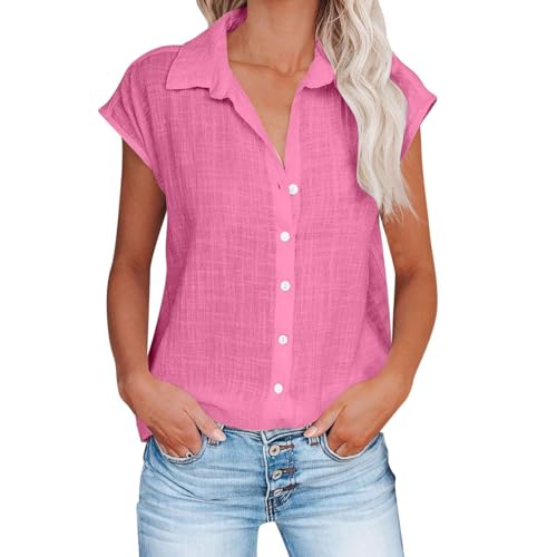 Cihdmfb Musselin Bluse Damen Elegant Einfarbig Leinenbluse Sommer V-Ausschnitt mit Knöpfen Tshirt Große Größen Lässig Locker Oberteile Kurzarm Hemdbluse Baumwolle Leinen Hemd Tops(A Heißes Rosa,L) von Cihdmfb