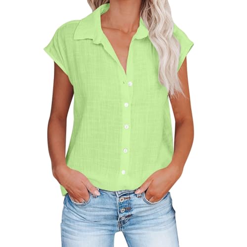 Cihdmfb Musselin Bluse Damen Elegant Einfarbig Leinenbluse Sommer V-Ausschnitt mit Knöpfen Tshirt Große Größen Lässig Locker Oberteile Kurzarm Hemdbluse Baumwolle Leinen Hemd Tops(A Mintgrün,L) von Cihdmfb