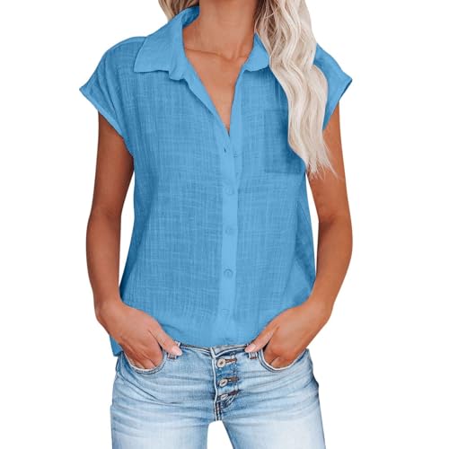 Cihdmfb Musselin Bluse Damen Elegant Einfarbig Leinenbluse Sommer V-Ausschnitt mit Knöpfen Tshirt Große Größen Lässig Locker Oberteile Kurzarm Hemdbluse Baumwolle Leinen Hemd Tops(B A,L) von Cihdmfb